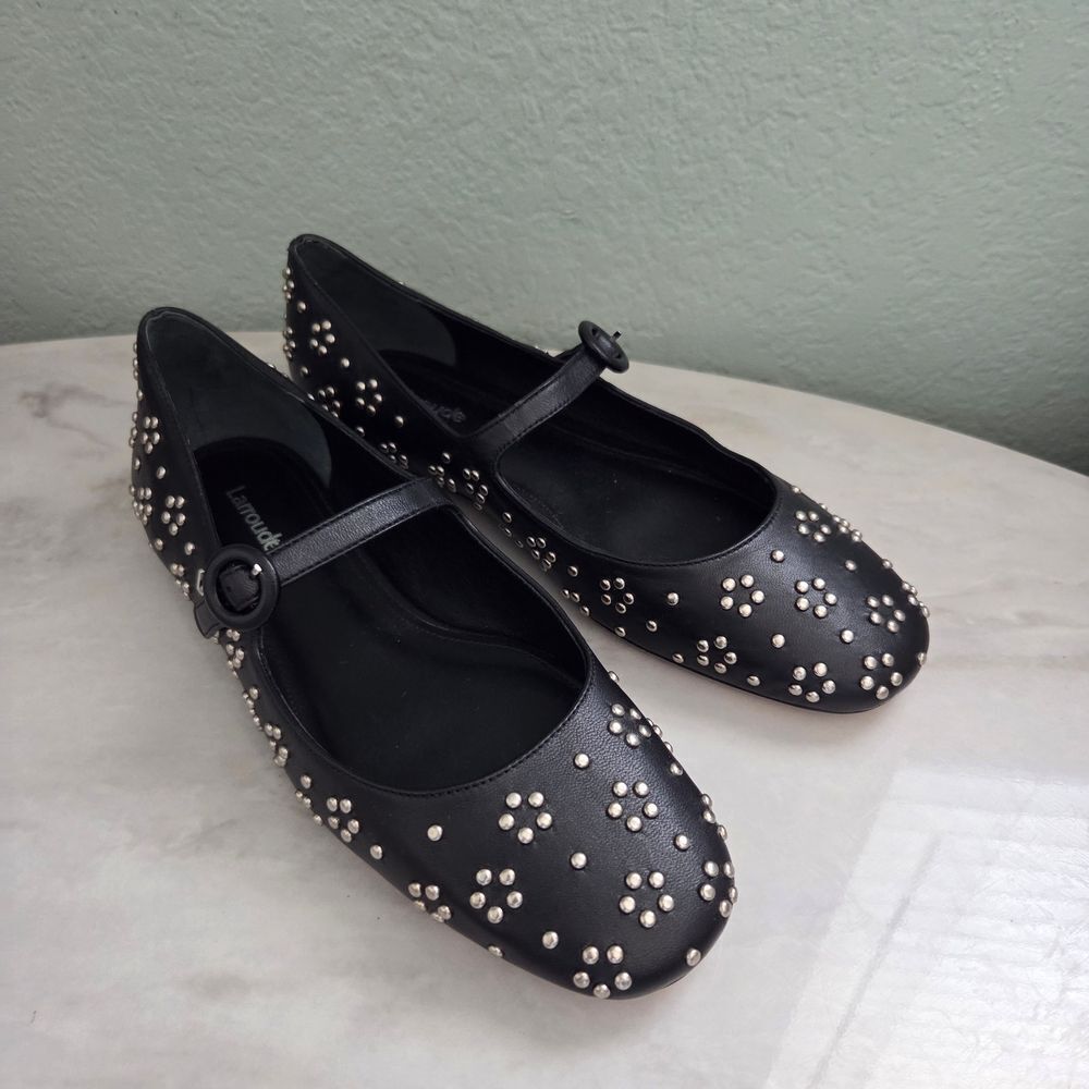 Larroude Blair Ballet Flat In Black Leather and Metallic Studs Size 7